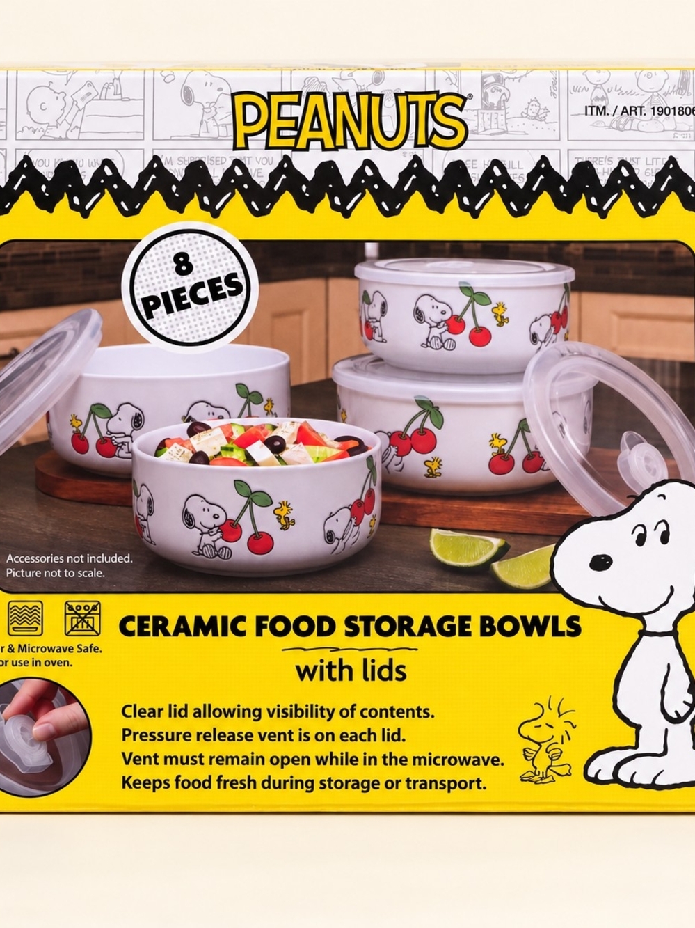 Peanuts Ceramic Bowls Set in White with Red Cherry Accents